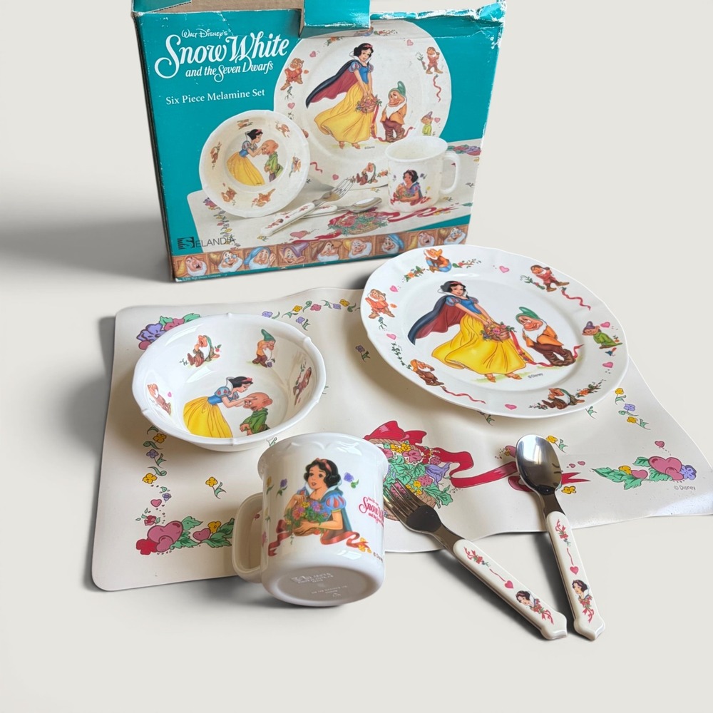 RARE Full Set Vtg Disney Snow White Seven Dwarfs 6pc Melamine Set Selandia Plate